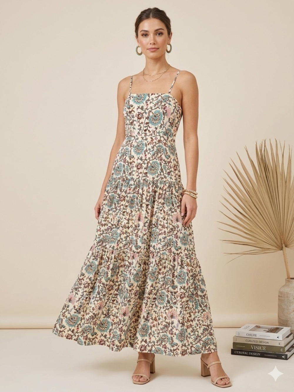 Raga Boho Floral Maxi Dress Cottagecoe Vintage-Inspo Tiered Sundress Cream XS